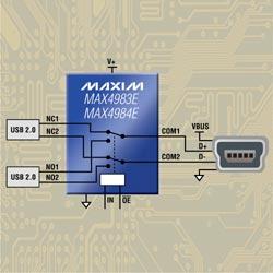 MAX4983E/MAX4984E:Maxim高速USB (USB 2.0) DPDT開(kāi)關(guān)