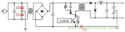車載充電器電源電路例 (C1: AC線路濾波器用Y電容器、C2: 初級-次級耦合用電容器) 
