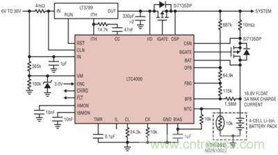 LTC4000 和 LTC3789：6V 至 36VIN、4 節(jié) 5A 鋰離子電池充電器