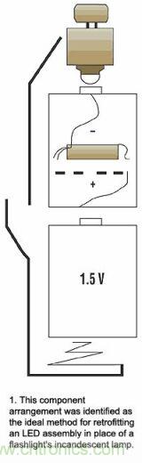 增壓電路在有兩節(jié)電池的手電筒中將代替的一節(jié)電池，LED裝置則代替白熾燈