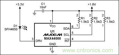 圖1：MAX44000典型電路，包括LED