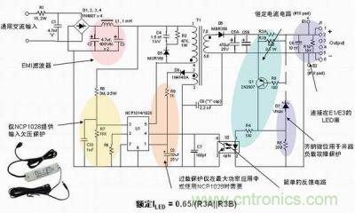 安森美半導(dǎo)體離線式第二代LED驅(qū)動(dòng)器NCP1014/1028的應(yīng)用示意圖。