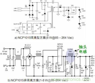 基于安森美半導(dǎo)體NCP1015的1至8W隔離型(a)及非隔離型(b) LED照明方案