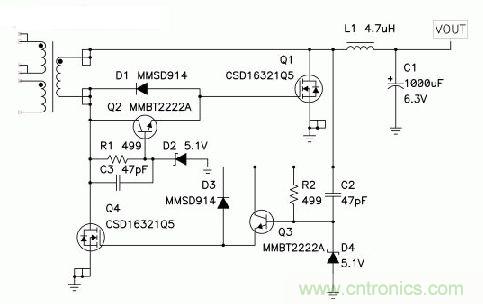 圖5 ：D2和D4限制了該同步正向驅動器中正柵極電壓