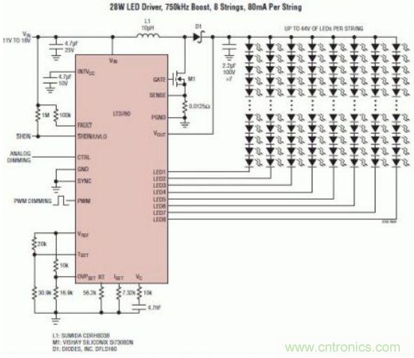 采用 LT3760、效率為 90% 的 28W LED 背光照明電路