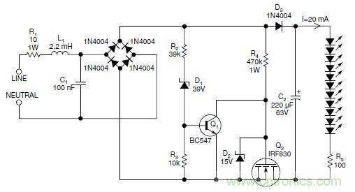 圖2：斬波工作類似圖1中的電路，但以較大的LED串聯(lián)電阻代替了恒流源，提供限流功能