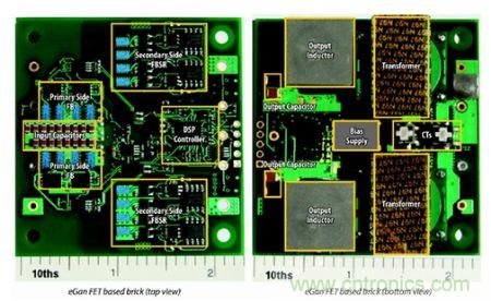 圖6：采用eGaN FET設(shè)計(jì)的48V至53V半磚PSE轉(zhuǎn)換器的頂視圖和底視圖(單位為英寸)。
