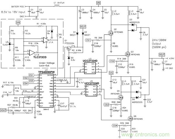 TPS40090 多相降壓控制器的 4 相、300W 升壓電源