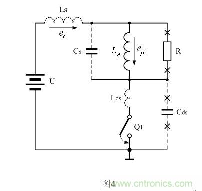 圖4是圖3中的開(kāi)關(guān)管Q1導(dǎo)通時(shí)對(duì)應(yīng)的等效工作原理圖