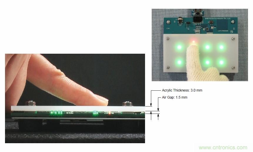 圖7. 安森美半導(dǎo)體電容式觸摸傳感器具有高度靈敏度，支持戴手套觸摸，支持含氣隙應(yīng)用