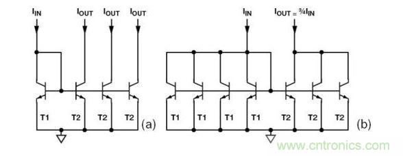 （a） 多級(jí)電流鏡 （b） 非整數(shù)比例電流鏡可將3個(gè)T2集電極結(jié)合起來，得到3IIN