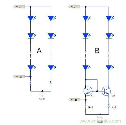 電流鏡 (B) 可針對簡單電阻器電流調(diào)節(jié) (A) 提供各種優(yōu)勢。