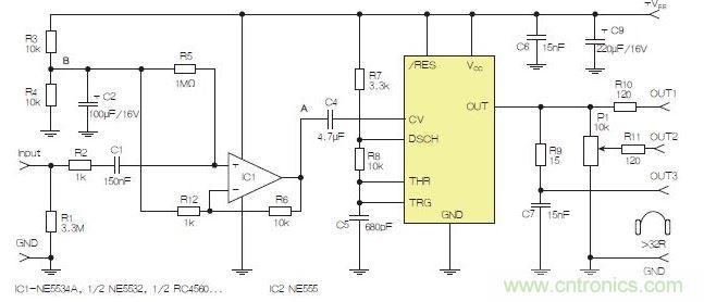 含運(yùn)算放大器和NE555定時(shí)器的耳機(jī)和音頻線路驅(qū)動(dòng)器。也可以使用CMOS版本(如LMC555)，但輸出電流較低。其優(yōu)點(diǎn)為工作頻率較高。