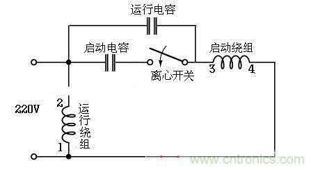  電容啟動(dòng)運(yùn)轉(zhuǎn)型接線電路（雙值電容器）