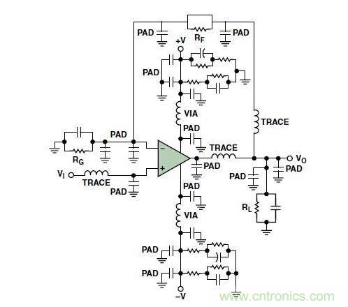 典型的運(yùn)算放大器電路，(a)原設(shè)計(jì)圖，(b)考慮寄生效應(yīng)后的圖