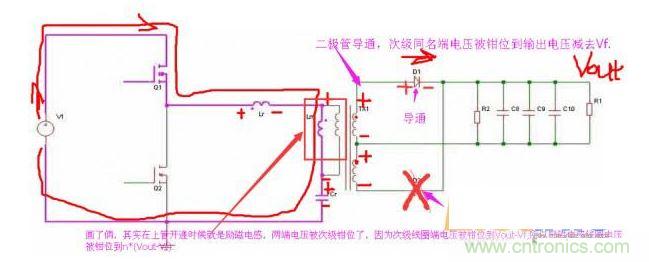 上管開通，注意諧振電感、勵磁電感、諧振電容的正負