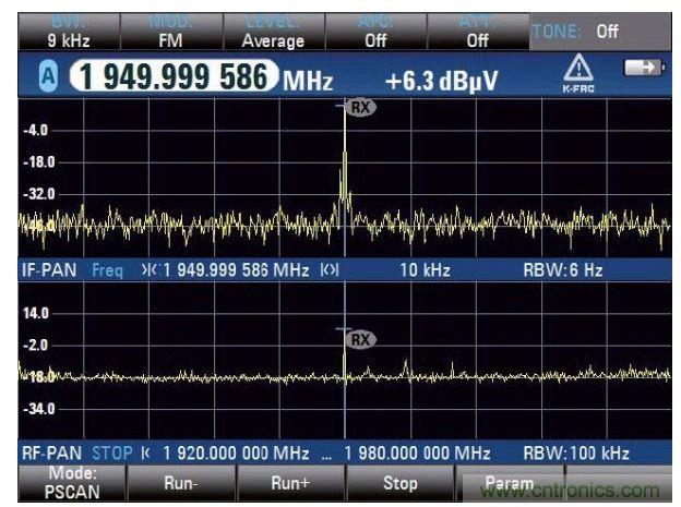 PSCAN停止后顯示雙頻譜，在上方的中頻頻譜更好地顯示干擾信號