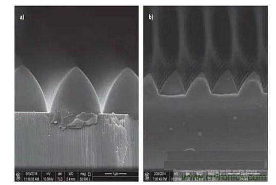 圖案化藍(lán)寶石基板通過光致抗蝕劑掩膜在電感耦合等離子體干法反應(yīng)性腐蝕保持良好剛性結(jié)構(gòu)（如圖a）,然而，如果光致抗蝕劑掩膜的剛性結(jié)構(gòu)在抗蝕過程中沒有得到保持，那么結(jié)果會(huì)很差（如圖b）