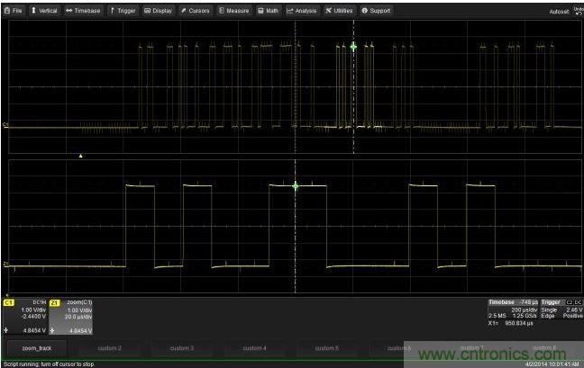 使用CustomDSO運行VB腳本“zoom_Track.lss”。當腳本運行時，縮放波形的中心將跟蹤水平的光標絕對位置。從圖中可以看出，光標將永遠位于縮放波形Z1的中心