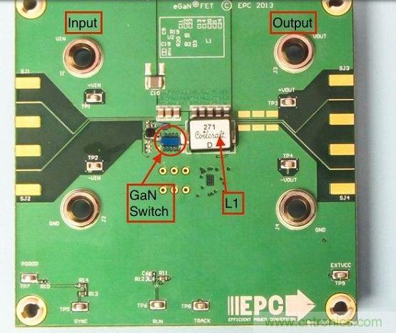 演示板用于顯示GaN的EMI。該GaN組件被圈定，我會在L1左側(cè)測量切換的波形。