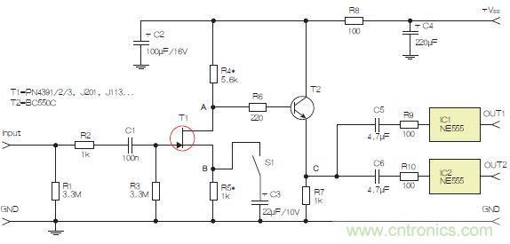 圖3：采用兩個(gè)工作在不同頻率下的555定時(shí)器電路，以獲取不同的音效。