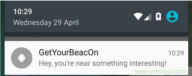 圖10 – 安卓系統(tǒng)通知，提示附近發(fā)現(xiàn)Beacon