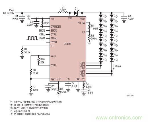 LED驅(qū)動(dòng)器用于30個(gè)白光LED