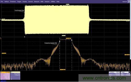 面的時域圖顯示了脈沖調(diào)制的射頻載波，下方的頻域圖顯示了在997MHz和1002MHz之間均勻分布的載頻