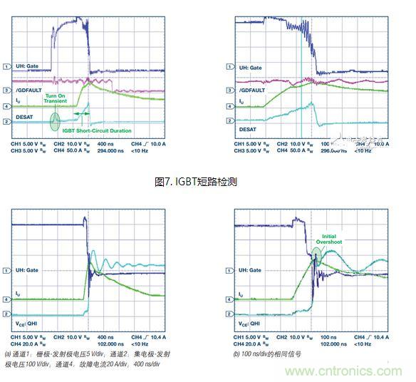 過流關(guān)斷時序延遲（通道1：柵極-發(fā)射極電壓10 V/div；通道2：來自 控制器的PWM信號5 V/div；通道3：低電平有效跳變信號5 V/div；100 ns/div）