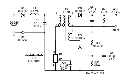 LinkSwitch-LP 系列旨在取代手機/無繩電話、PDA、數碼相機和便攜式音頻播放器等應用中輸出功率 < 2.5 W 的低效線頻線性變壓器電源。LinkSwitch-LP 還可用作白色家電等應用中的輔助電源。  LinkSwitch-LP 將高壓功率 MOSFET 開關與 ON/OFF 控制器集成在一個設備中。它完全由漏極引腳自供電，具有低 EMI 的抖動開關頻率，并且具有全面的故障保護。自動重啟可限制過載和輸出短路條件下的器件和電路耗散，而遲滯過溫保護會在熱故障期間禁用內部 MOSFET。EcoSmart 技術使設計能夠輕松實現 < 150 mW 的空載功耗，滿足能源效率要求。  LinkSwitch-LP 的設計目的是在輸出功率低于 2.5 W 時無需初級側鉗位電路，從而顯著減少組件數量和總系統(tǒng)成本。圖 1 顯示了基于 LinkSwitch-LP 的 2 W 電源，不帶初級側鉗位。LinkSwitch-LP 系列經過優(yōu)化，當變壓器上的輔助或偏置繞組提供反饋時，可提供近似的 CV/CC 輸出特性。這非常適合取代工頻變壓器的應用，提供兼容的輸出特性，但過載、短路電流和輸入線電壓變化較小。  　  在無鉗位設計中使用 LinkSwitch-LP 的基本電路原理圖。  快速開始  　 LinkSwitch-LP 反激式設計流程圖